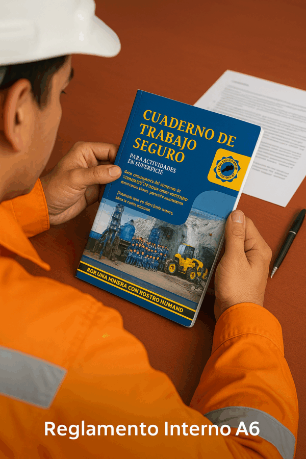 Trabajador usando el cuadernillo Reglamento Interno A6 durante una inducción o actividad en campo