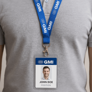 Persona usando un lanyard sublimado personalizado con credencial colgada, ideal para entornos corporativos y eventos