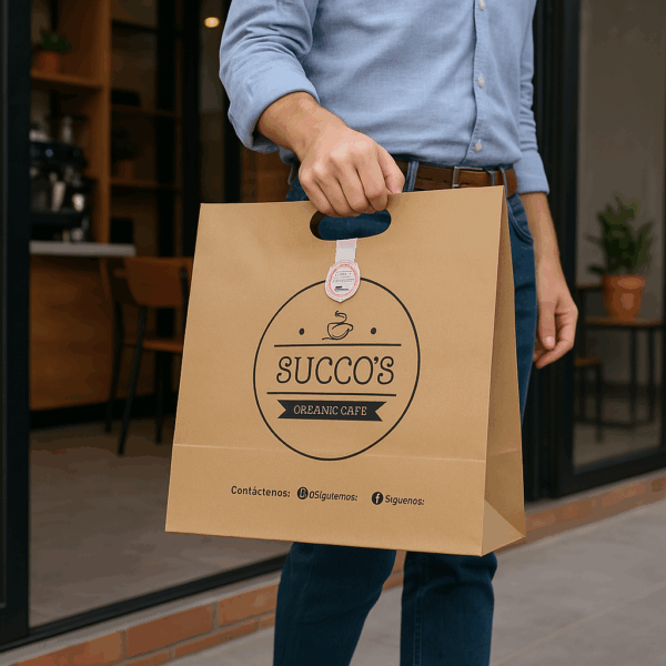 Hombre saliendo de cafetería con bolsa kraft personalizada de 30x40 cm con diseño impreso